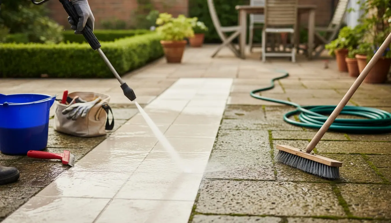 Hænder i handsker rengør fliser med højtryksrenser ved siden af værktøj og en tydelig før/efter-effekt.