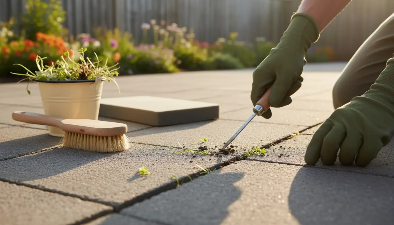 Nærbillede af handskerede hænder, der fjerner ukrudt mellem fliser på en solbelyst terrasse.