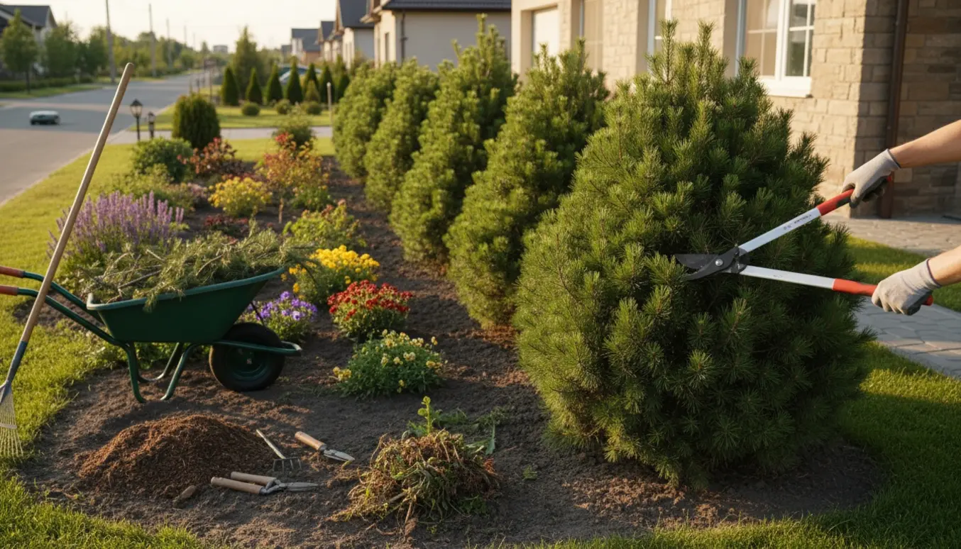 Beskæring af bjergfyr og vedligeholdelse af bede med haveredskaber og afklippede grene.