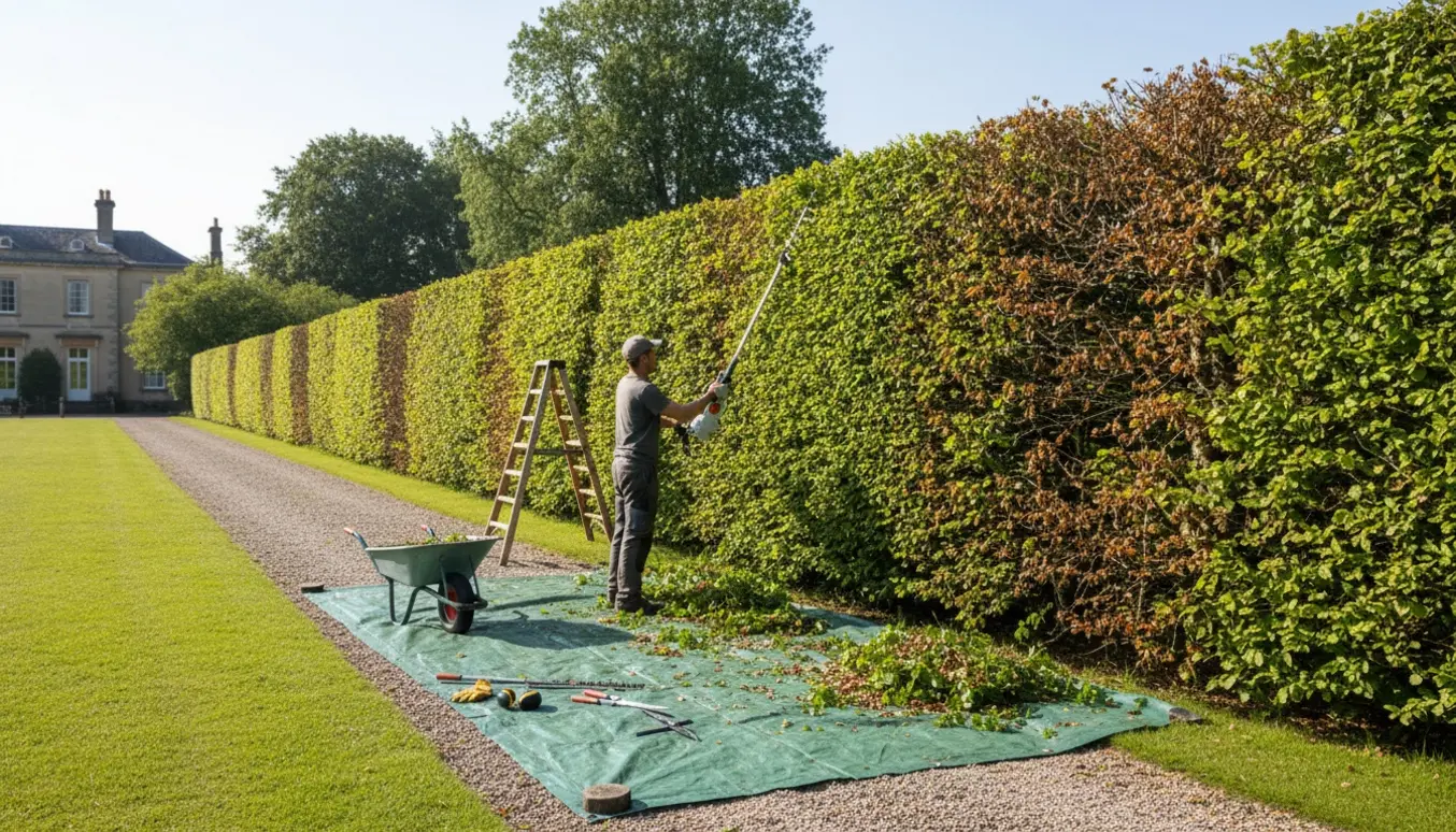 Lang, 3 meter høj bøgehæk bliver trimmet med en forlænget hækkeklipper, afklip samlet på en presenning og i trillebør.