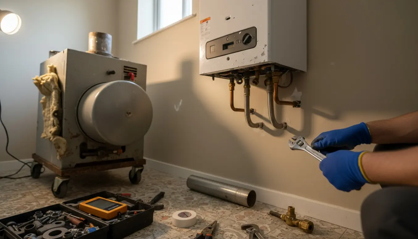 Håndværker tilslutter rør til et nyt brugt gasfyr i et bryggers med værktøj og den gamle kedel til siden.