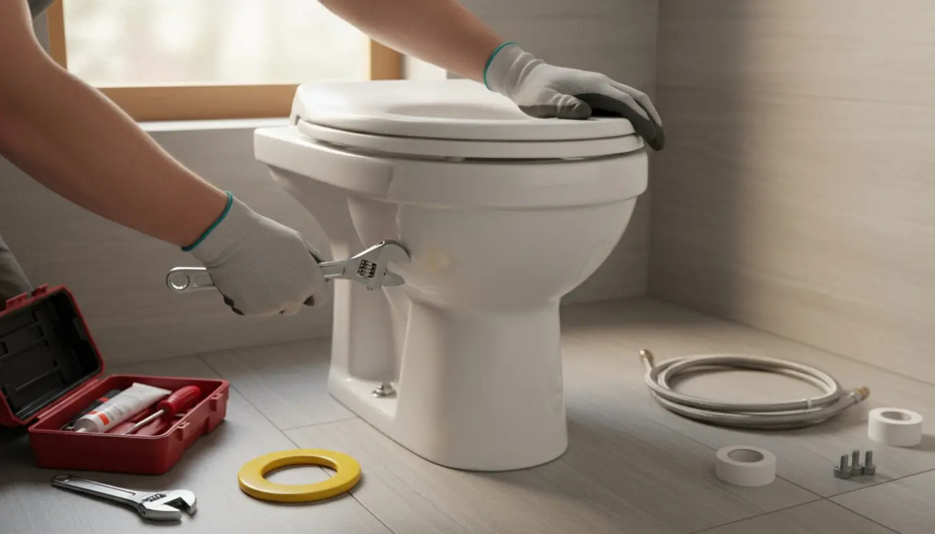 Nærbillede af hænder, der monterer et toilet og toiletsæde i et lyst, moderne badeværelse.
