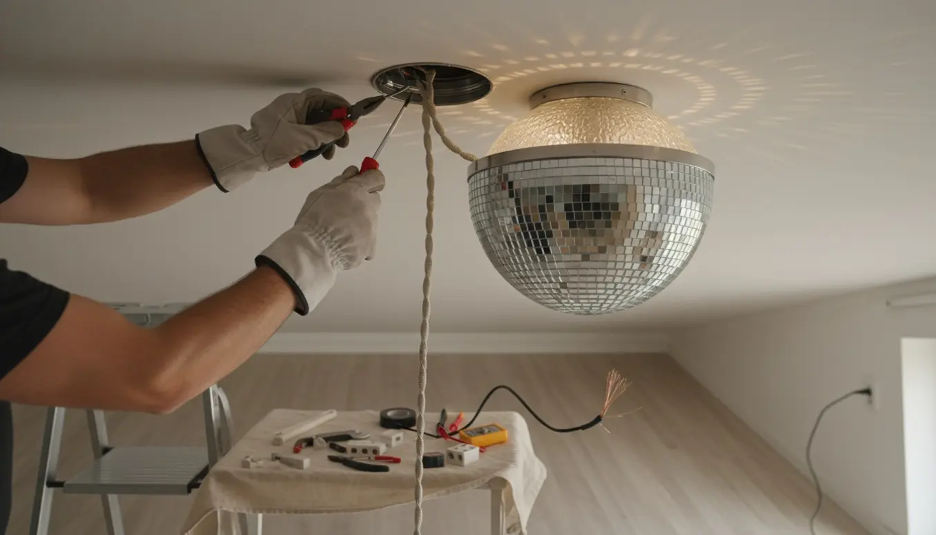 En tekniker binder ny ledning og monterer en halvsfærisk diskolampe i loftet.