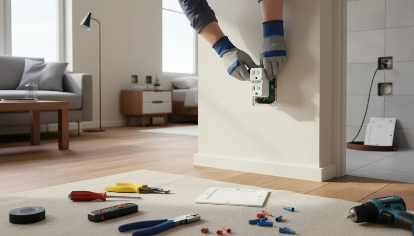 Nærbillede af hænder, der installerer en ekstra stikkontakt i en stue med matchende hvide dækselplader og værktøj omkring.