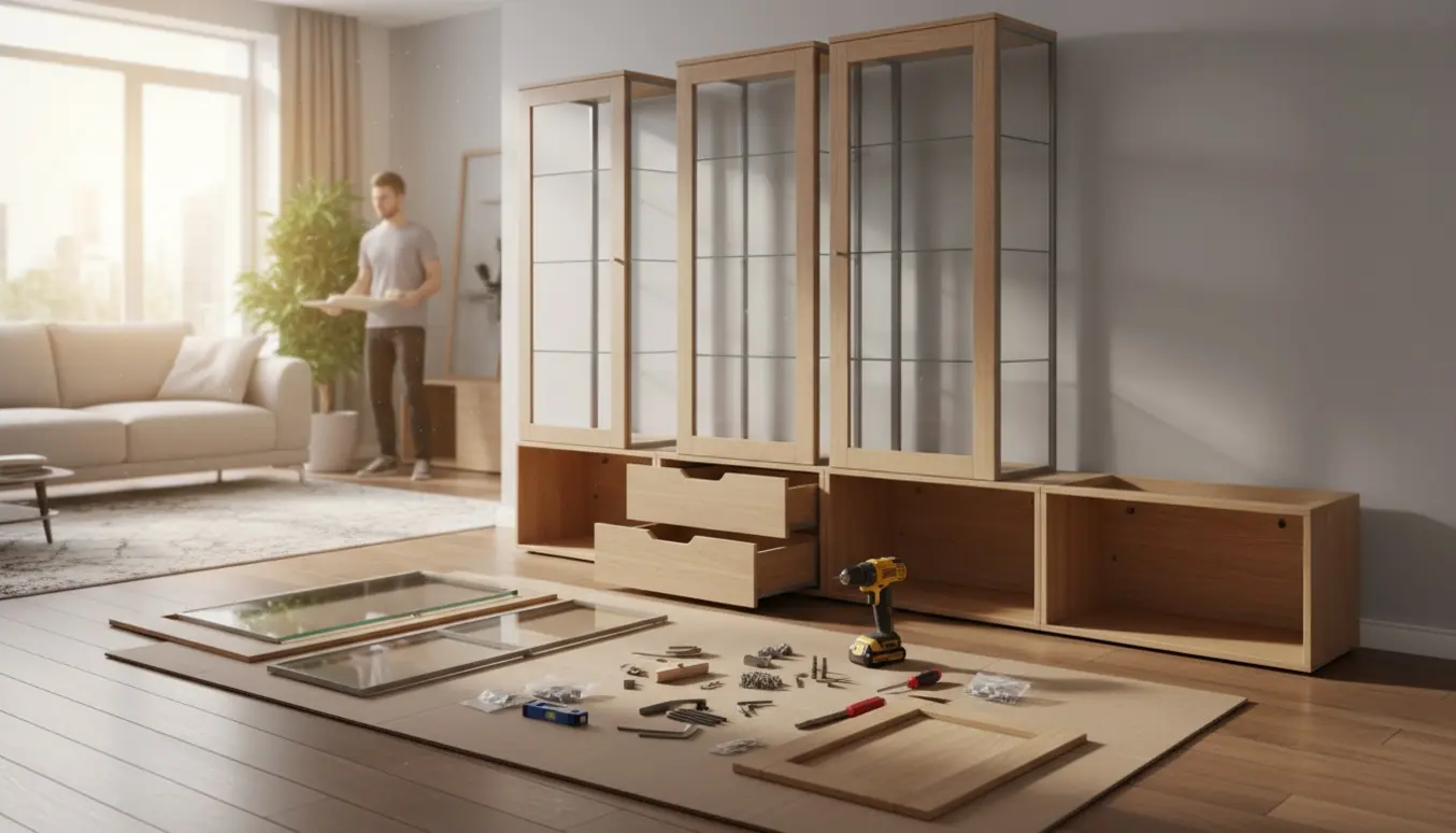 Delvist samlet vitrineskab og skænk i en lys lejligheds stue med værktøj spredt omkring.