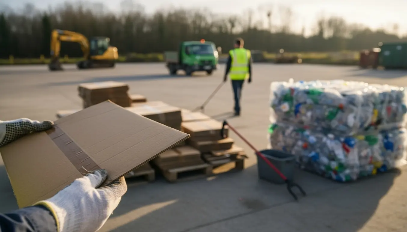 Handskeklædte hænder sorterer pap og plast ved en losseplads med stablede papbunker og plastflasker.