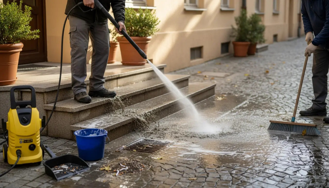 Person vasker trappe og fejer gård og fortov ved en boligopgang.