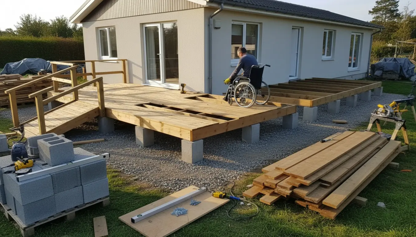 Lav træterrasse med rampe og kørestol ved en lavtliggende tilbygning, værktøj og byggematerialer omkring.