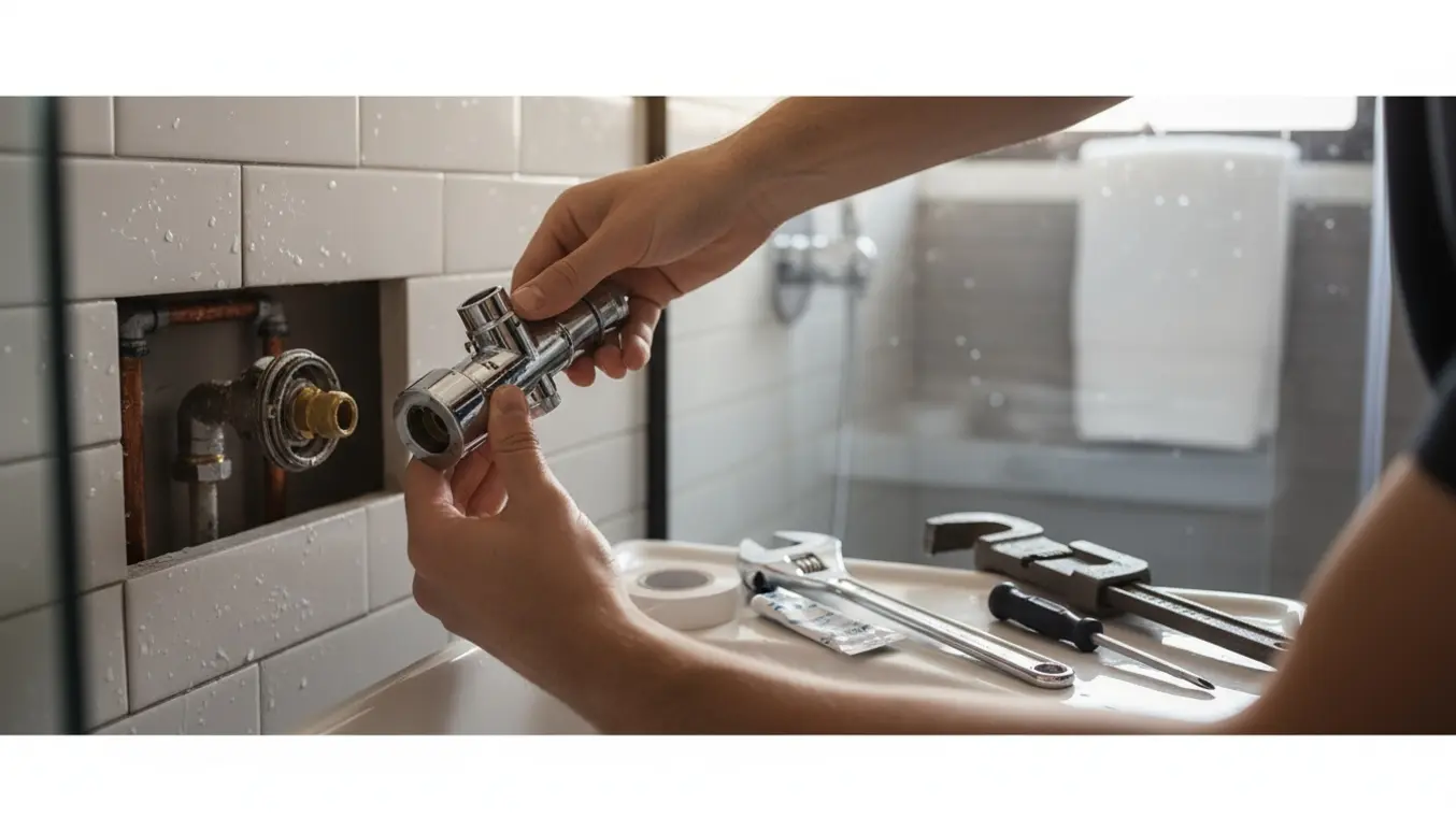 Nærbillede af hænder, der udskifter en krom brusetermostat i et moderne badeværelse med værktøj og ny reservedel.