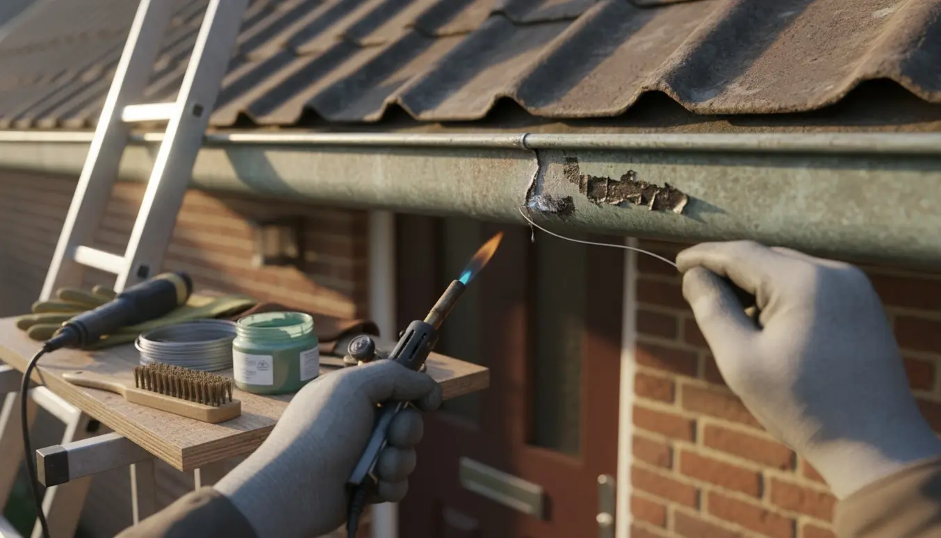 Nærbillede af reparation af en revne i en gammel zinktagrende over en entrédør med loddeudstyr og beskyttede hænder.