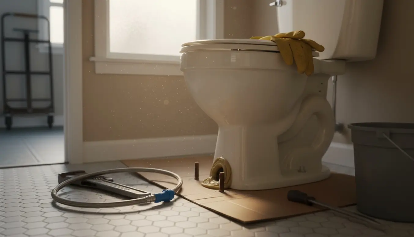 Det gamle toilet er delvist afmonteret på flisegulvet med værktøj og gummihandsker klar til bortskaffelse.