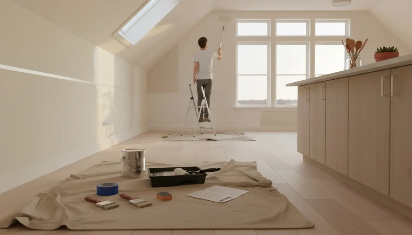 Loftrum stue-køkken under maling med maler på stige, åben bøtte og rulle, synlig primet væg og nymalet flade.