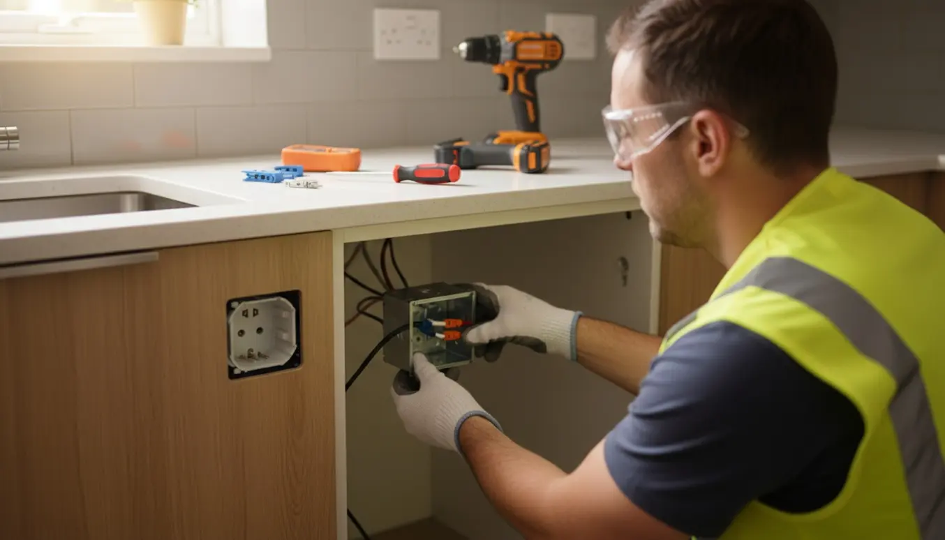 En elektriker installerer en stikkontakt i et køkken ved opvaskemaskinens plads med værktøj lagt frem.