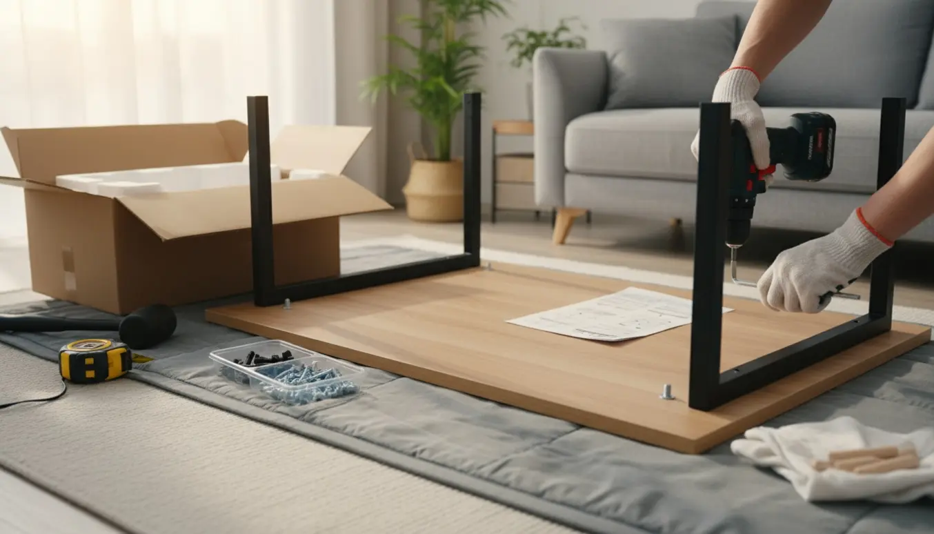 Hænder samler et fladpakket skrivebord i egetræ med sorte metalben i et lyst hjem.