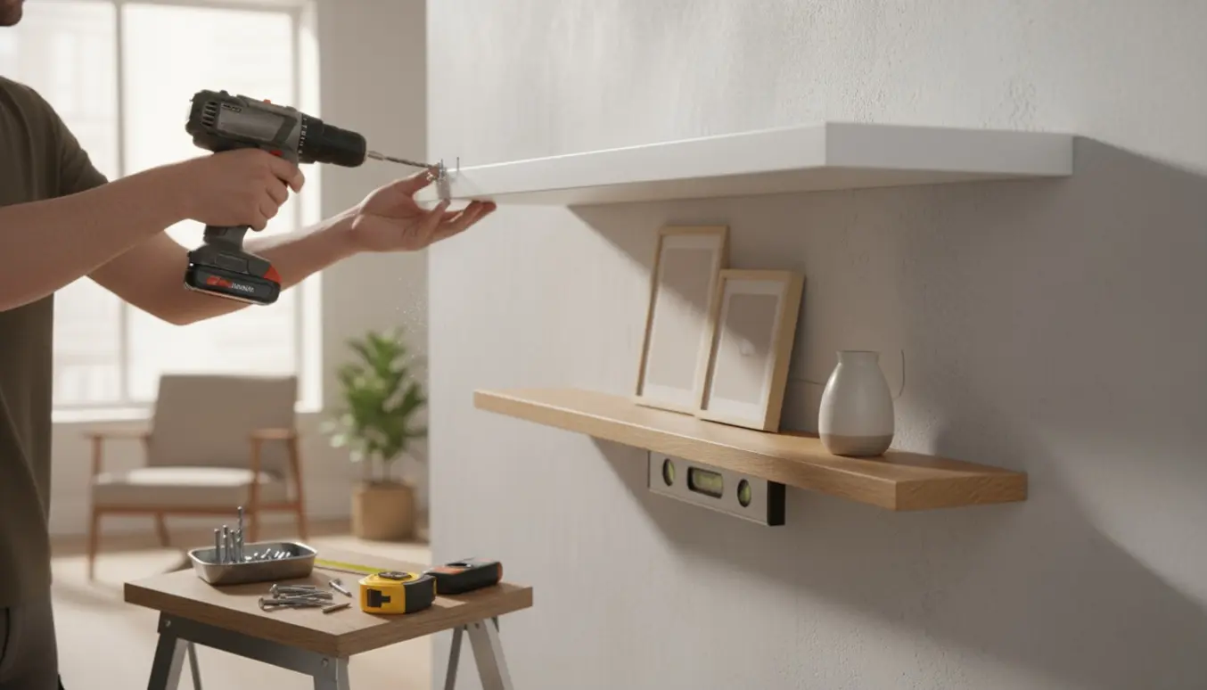 Hænder monterer en hvid svævehylde og en træ galleri-hylde på en væg med boreværktøj og rawlplugs i forgrunden.