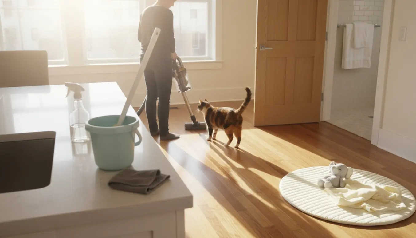 Åbent køkken-alrum med støvsuger, kat og babylegetøj under let rengøring.
