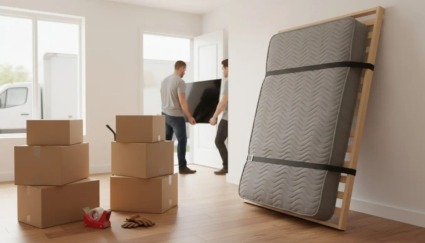 Flytning i en lys lejlighed med seng, fjernsyn og en stak flyttekasser ved døren.