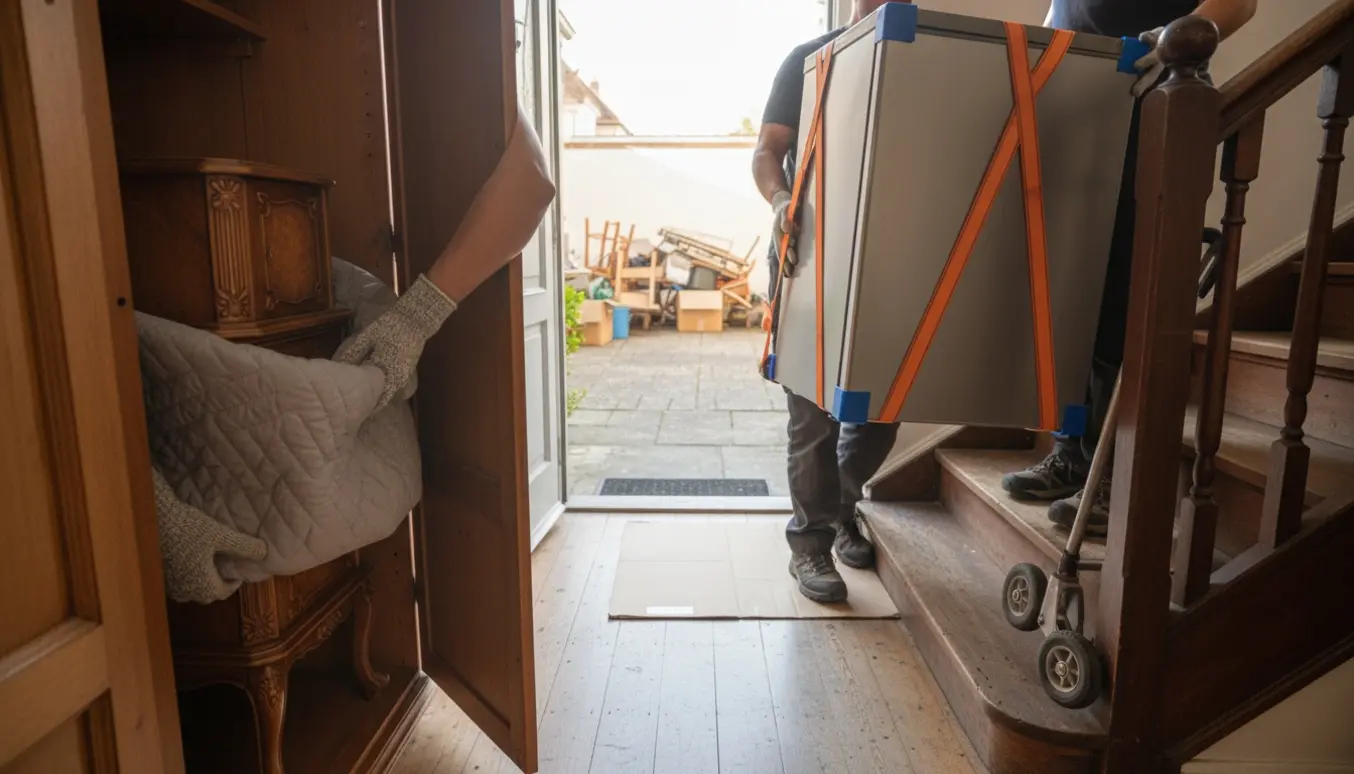 To personer bærer et lille køleskab ned ad en trappe, mens gloved hænder tager et lille skab ud af et klædeskab.