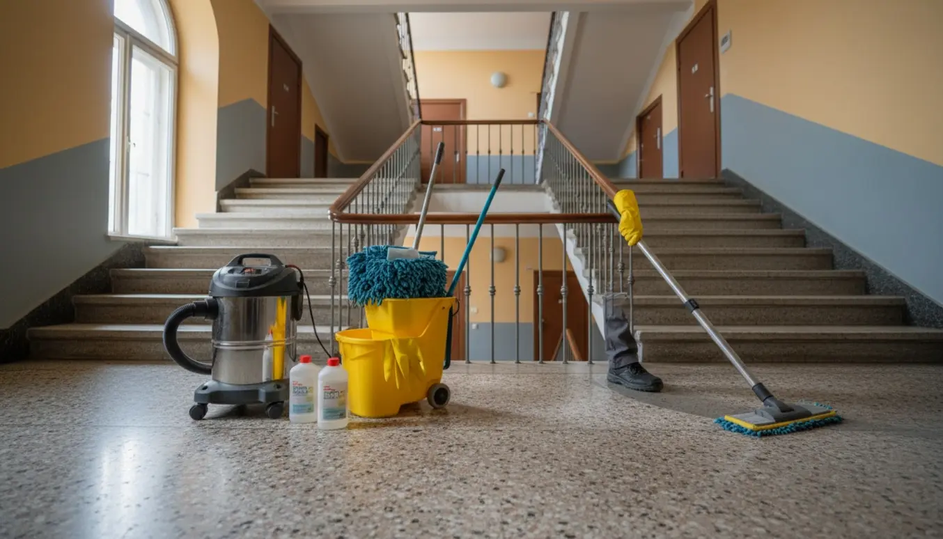 Rengøringsvogn med støvsuger, mopper og spand i en opgang, rengøringsperson ses bagfra.