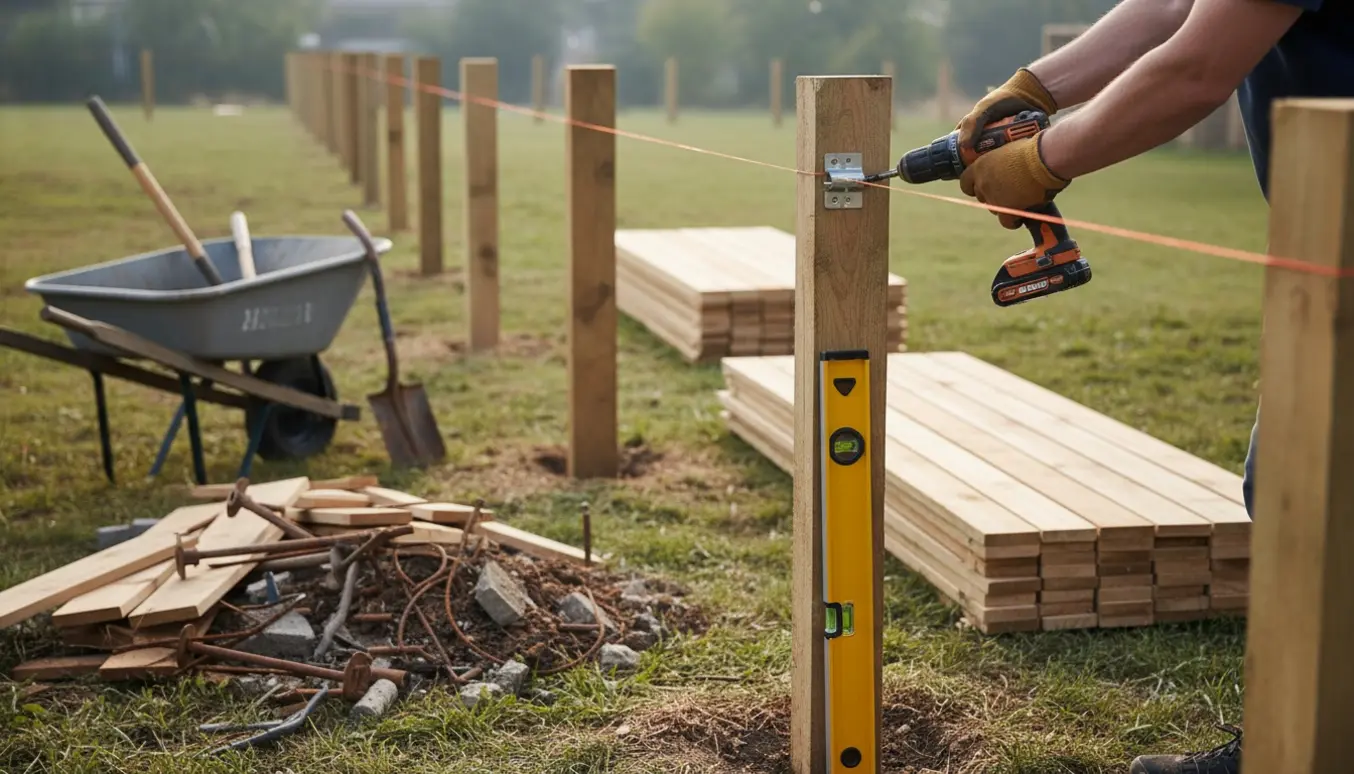 Hænder monterer nye hegnspæle i en have, med stabel af nye paneler og en bunke gamle brædder i baggrunden.