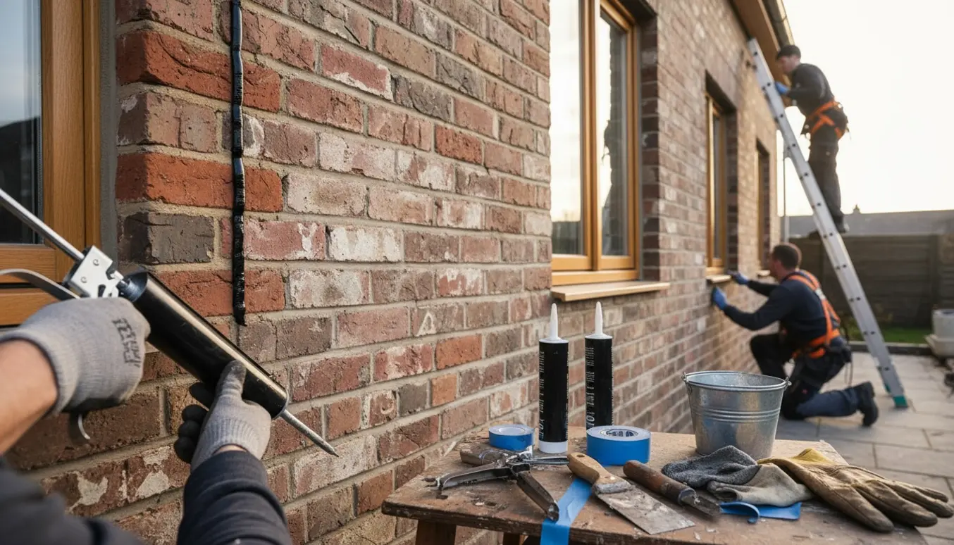 Udendørs mur med frisk fuge mellem gammel og ny mur samt fugearbejde omkring to vinduer, værktøj og arbejdshænder synlige.