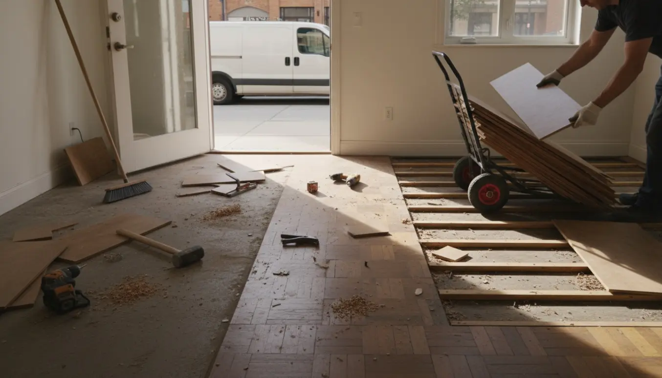 Delvist fjernet klikgulv i en lejlighed med stabler af planker ved en åben dør til gaden.