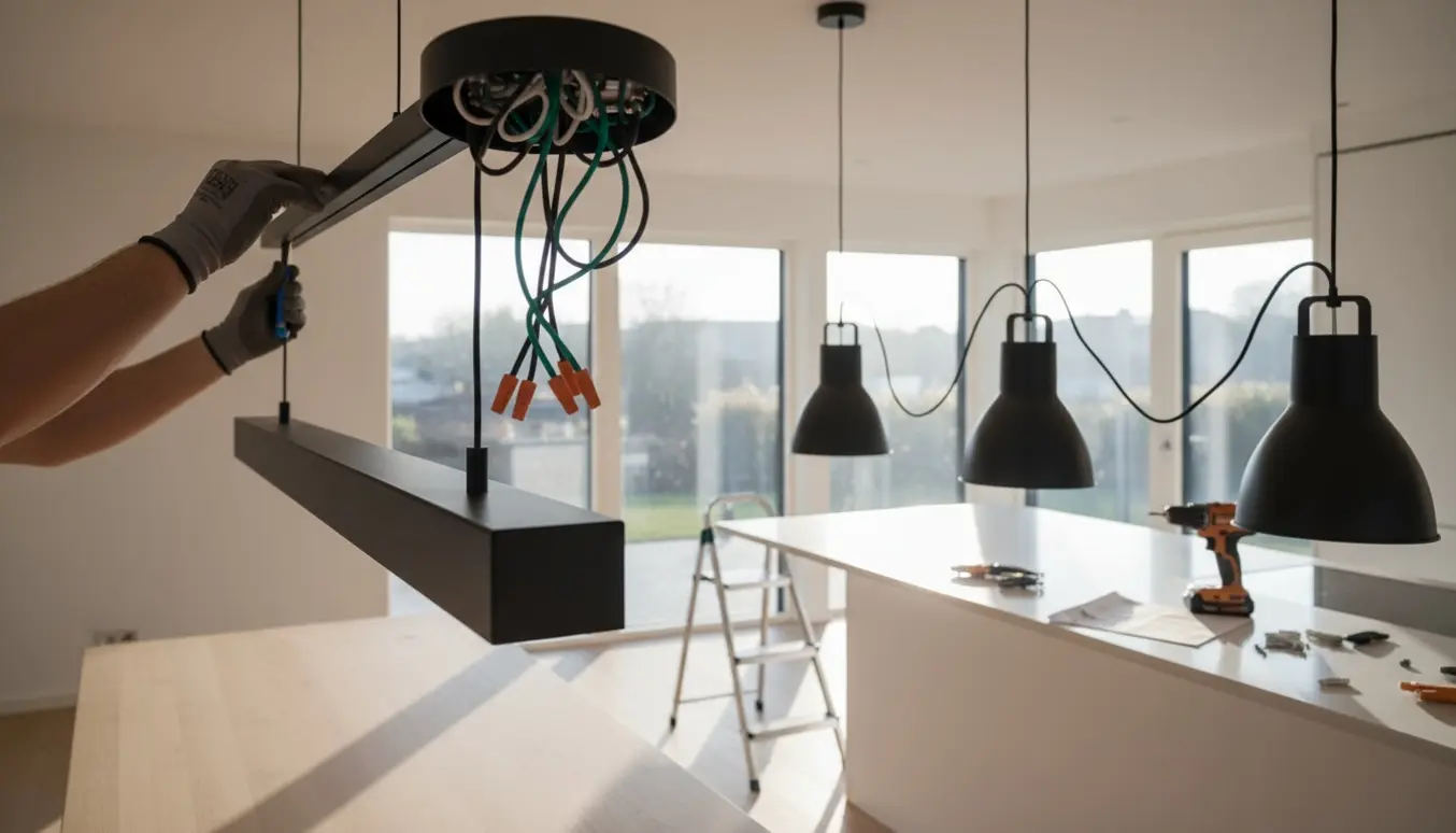 Installation af en Smithfield-pendel på en skinneskinne over spisebordet og tre Aim-lamper samlet i én roset over køkkenøen.