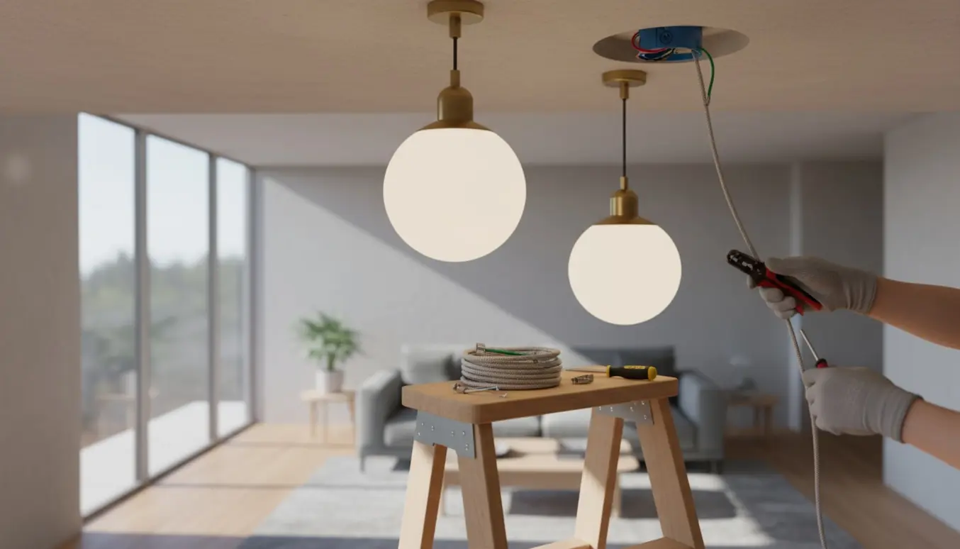 To pendler ved et stueloft, én hænger tændt og én ligger klar til at få monteret ledning, omgivet af værktøj.