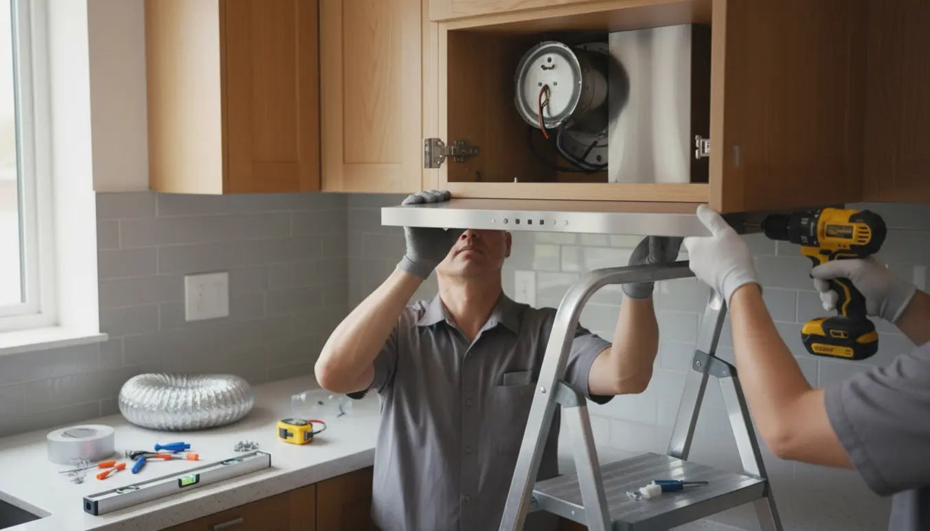 Emhætte er ved at blive monteret i et moderne køkken med hænder, værktøj og den allerede monterede motor synlig.