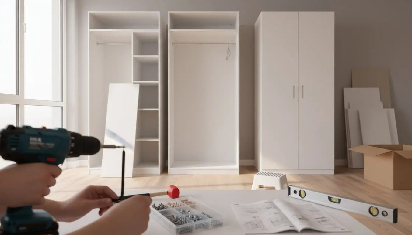 To PAX-garderobeskabe under samling i en lys, moderne stue med værktøj og dele spredt på gulvet.