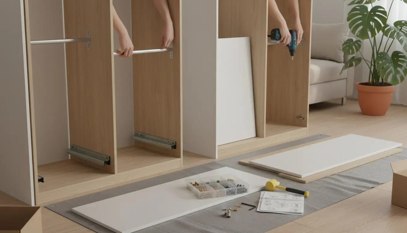 To Pax-klædeskabe under samling i en lys stue med værktøj og hardware på en beskyttelsesdug.