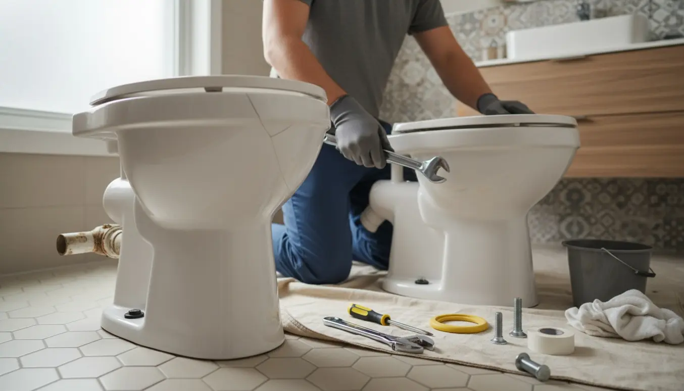 Toilet udskiftes i et lille badeværelse med brugt toilet og værktøj klart til montering.