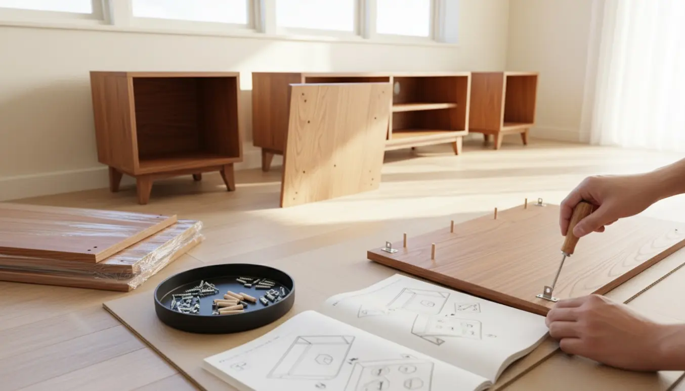 Nærbillede af hænder, der samler et TV-bord og to små skabe med en skruetrækker og en manual i et lyst, ryddeligt stuerum.