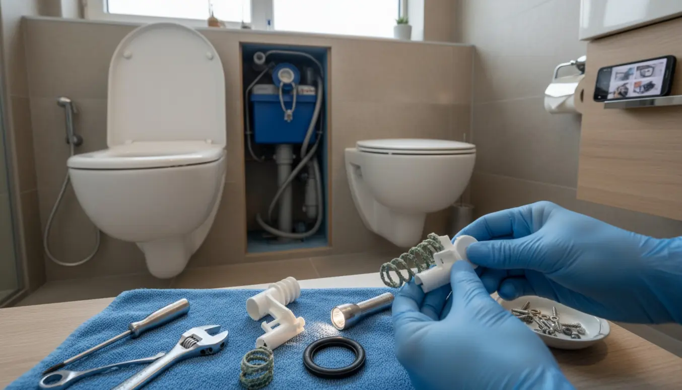 Åbnet indbygget toilet med synlig ødelagt lille skyl, reservedele og værktøj klar til reparation.