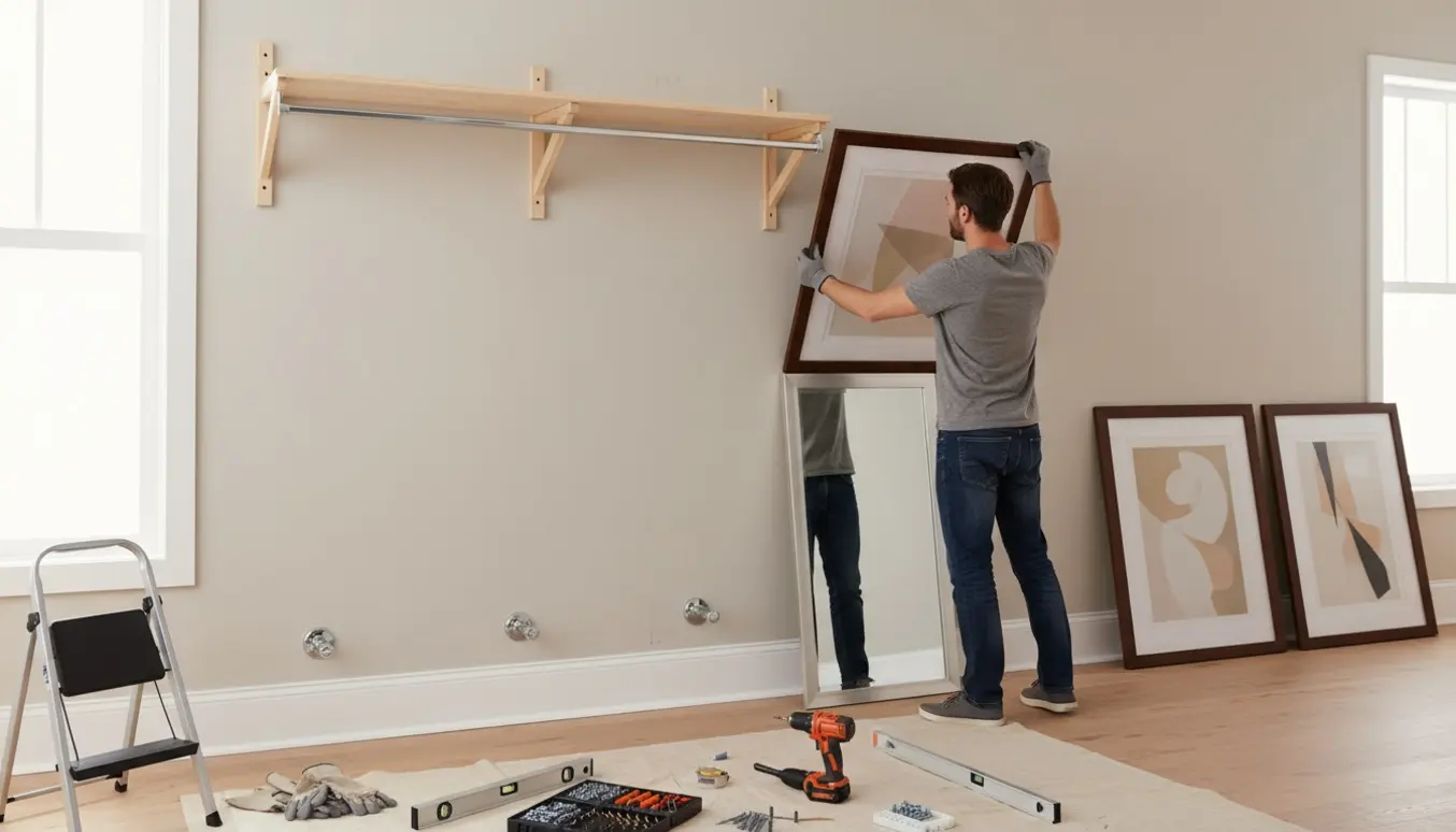 Værktøj og hænder i færd med at ophænge spejl, garderobestang og billeder på en lys væg.