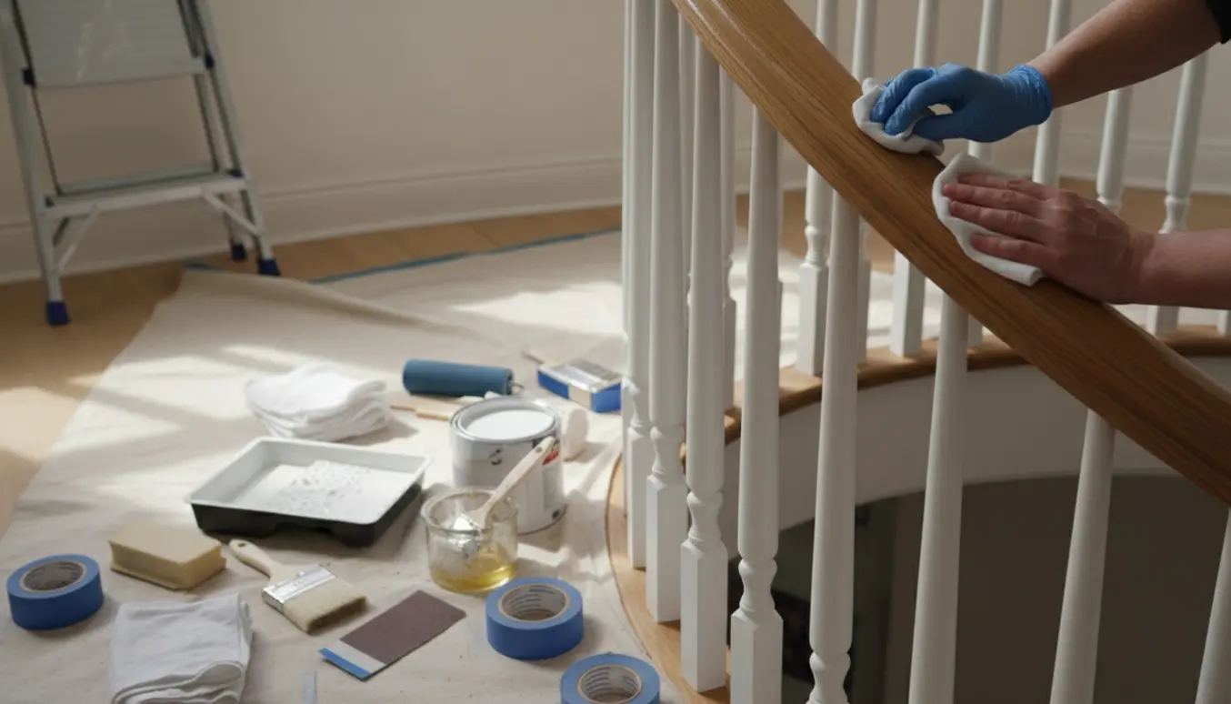 Nærbillede af maling af fyrretræsbalustre med hvid maling og behandling af egetræshåndliste med olie.