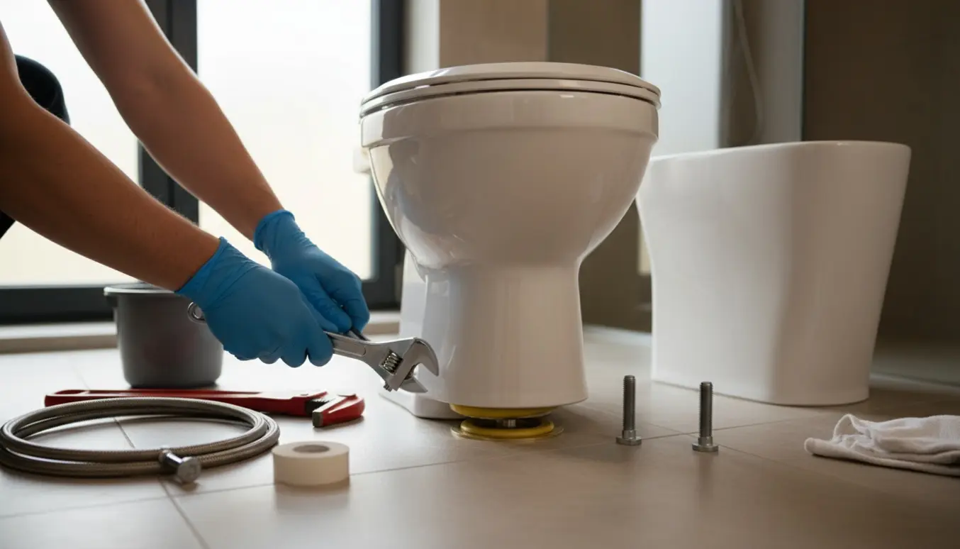 Installering af nyt toilet i et badeværelse med værktøj og hænder i gummihandsker.