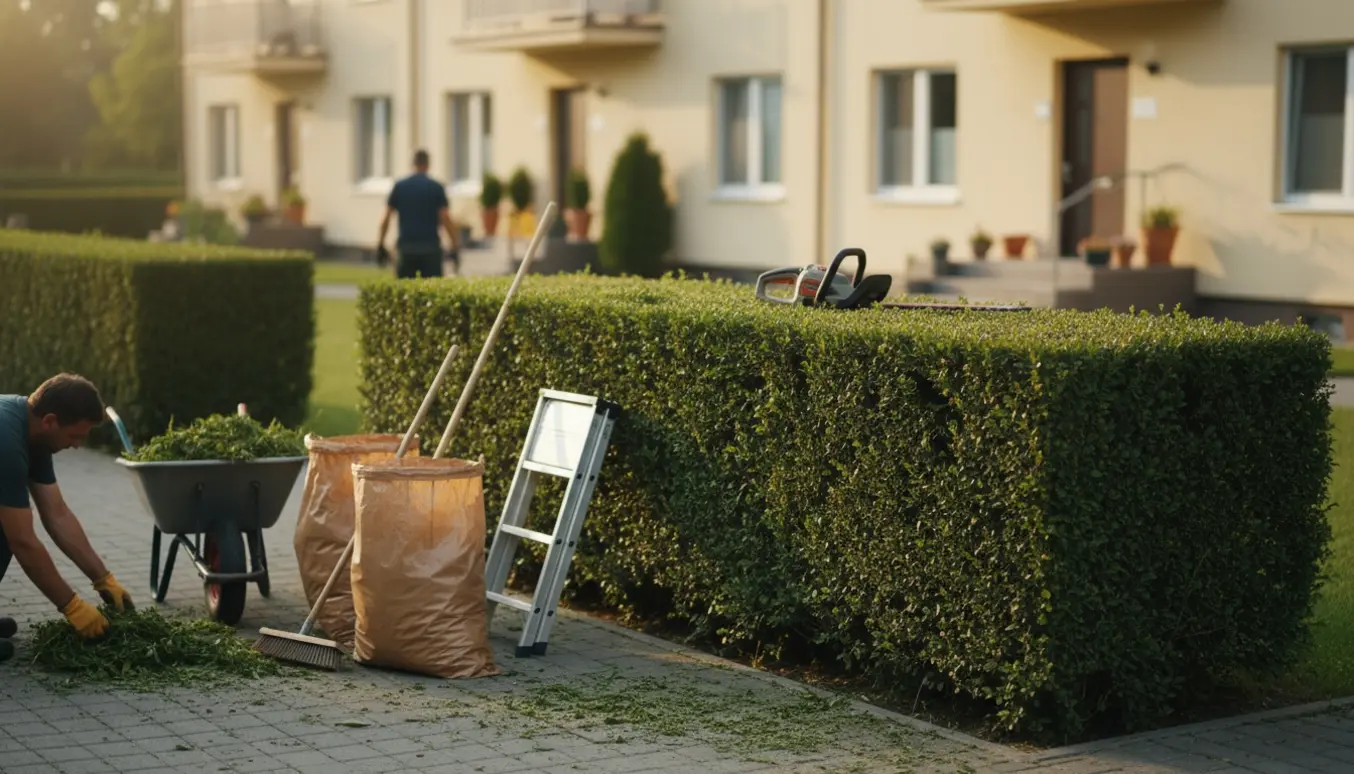 Nyklippet levende hæk foran en række stuelejligheder med trimmer, skubbevogn og fyldte haveaffaldsposer klar til bortskaffelse.
