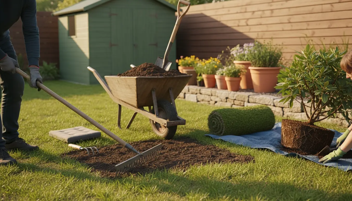 En person set bagfra der nivellerer en skråning i haven, med redskaber og en rododendron klar til omlægning.