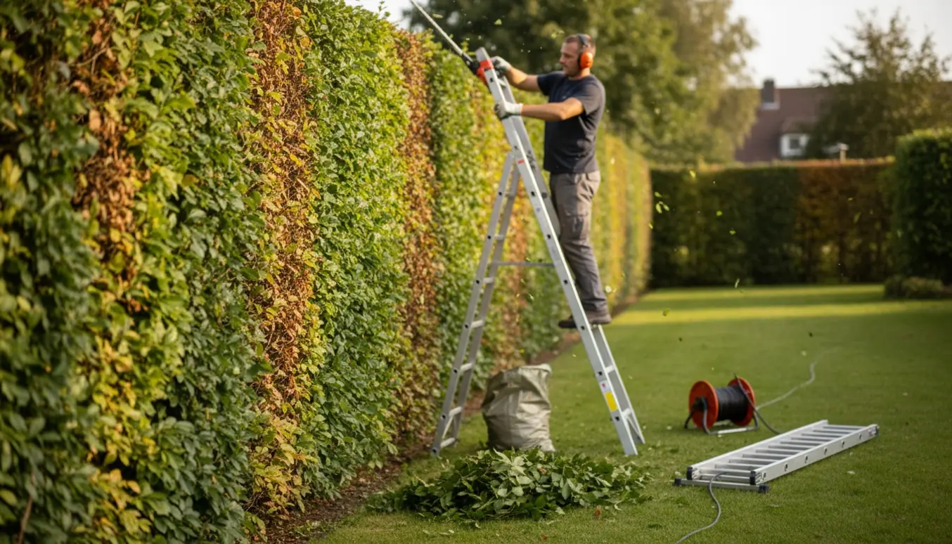 Høj bøgehæk klippes fra en stige med en teleskopisk hækklipper, ansigter er ikke synlige.