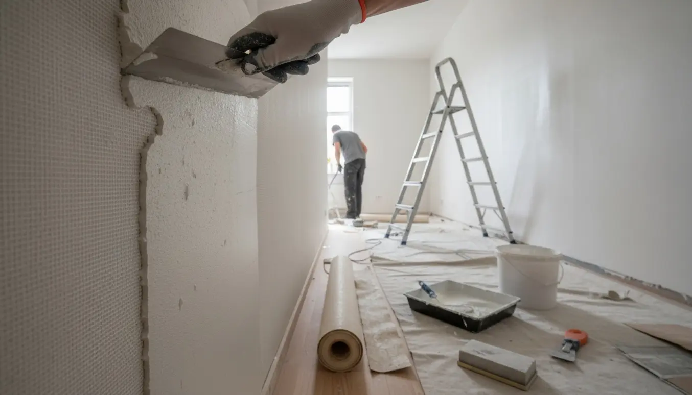 Hænder spartler væg i et mellemstort rum med påsat væv, hvid maling og værktøj klar.