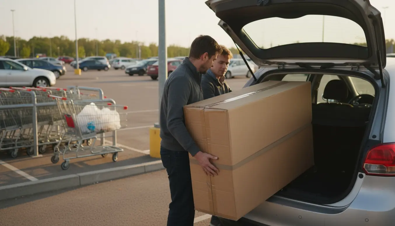 To personer læsser en stor indpakket fladskærm ind i bagagerummet på en bil på en supermarkedets parkeringsplads.