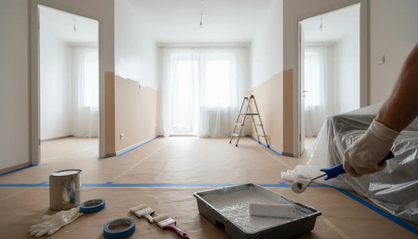 Delvist nymalet 3-værelses lejlighed med hvid maling, malerulle, spand og møbler dækket til.