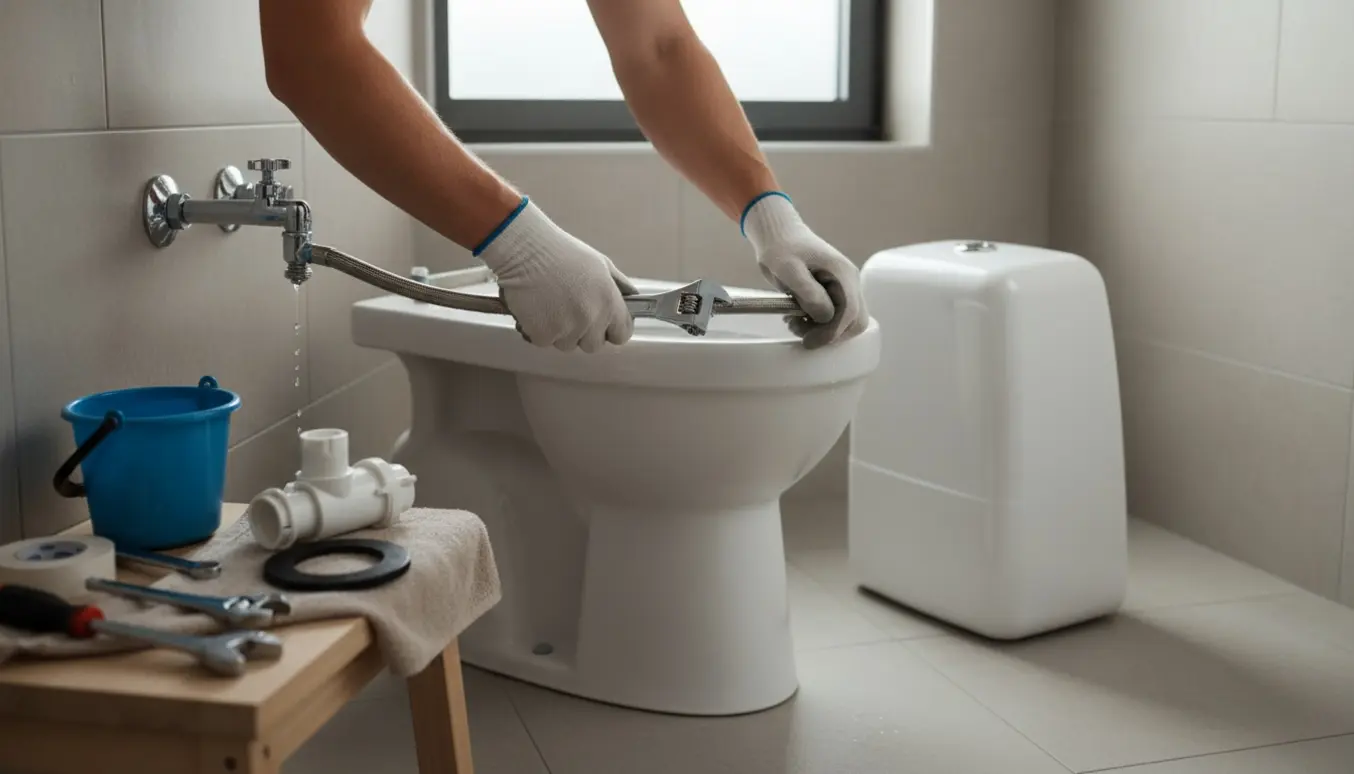 Hænder udskifter en toiletcistern i et lyst badeværelse med værktøj og reservedele ved siden af.