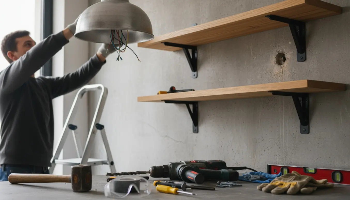 Hænder justerer en loftslampe på en stige, mens tre egetræs hylder monteres i en betonvæg med værktøj ved siden af.