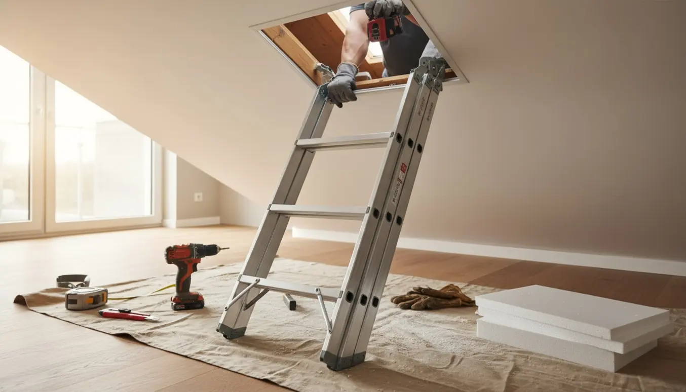 Hænder installerer en isoleret loftlem med udtræksstige i et rum, med værktøj og isoleringsmateriale omkring.