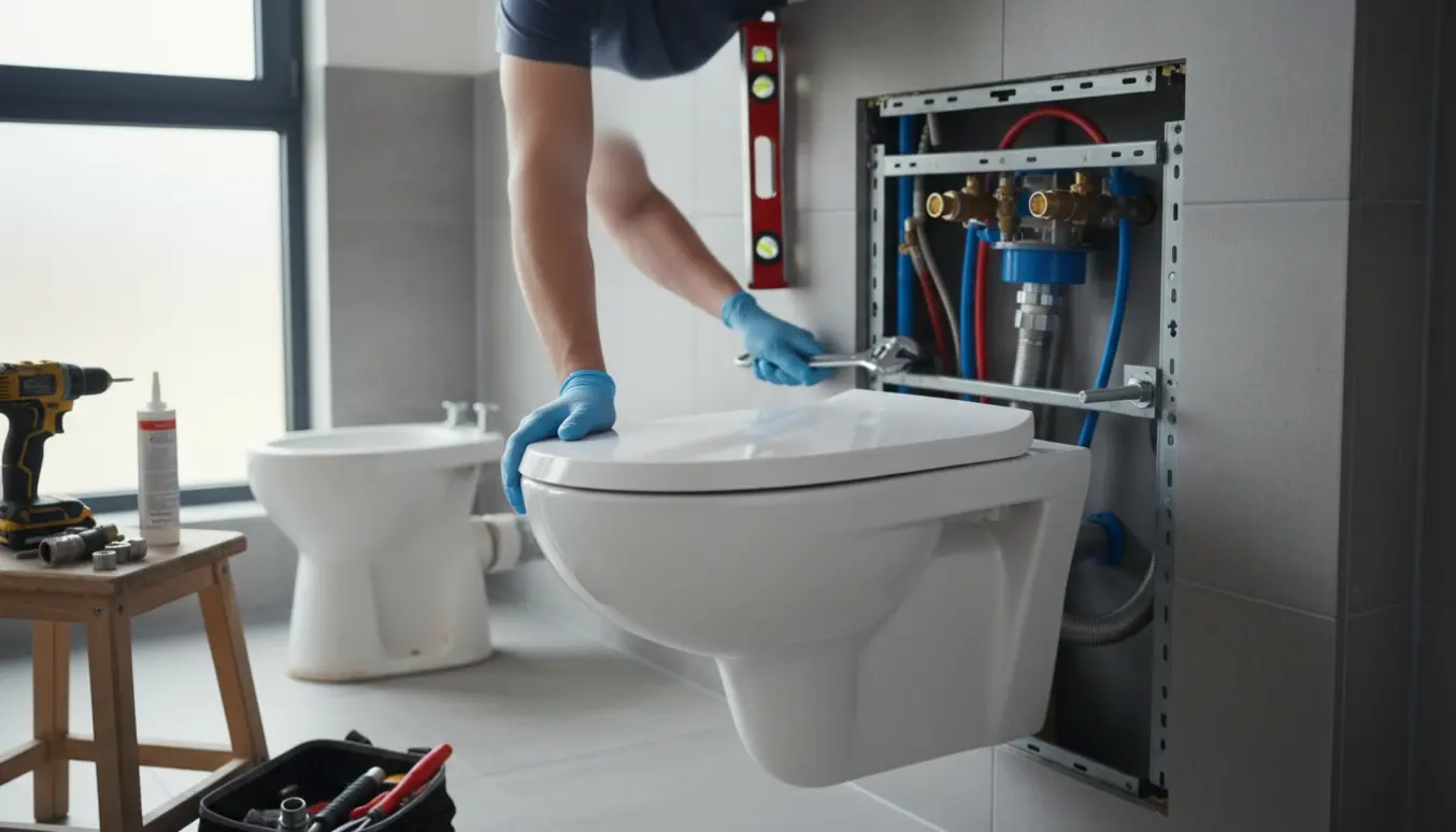 Vægophængt toilet under montage med bærramme, synlige rør og VVS-værktøj i et flisebadeværelse.