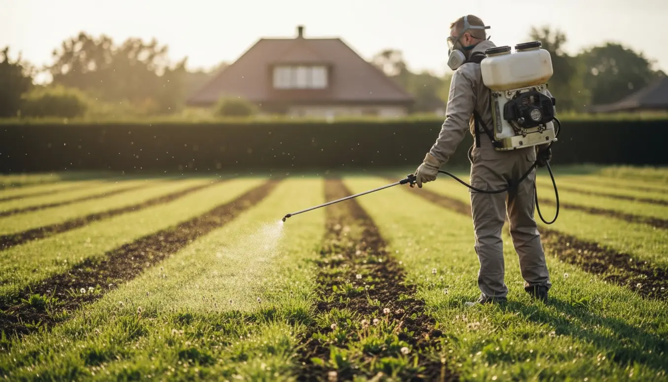En person sprøjter en stor græsplæne for ukrudt med en rygsprøjte, set bagfra på en solrig dag.