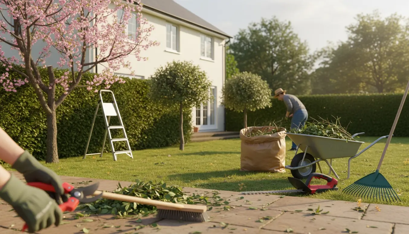 Havearbejde med nyklippet hæk, beskårne træer, trillebør med afklip og en person fejer terrassen uden at få ansigtet vist.