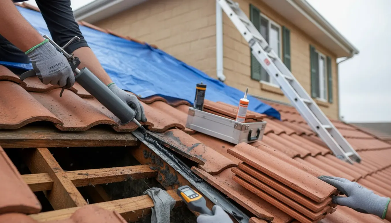 En håndværker reparerer et utæt tag med tætningsmasse, mens loftsrummet inspiceres for fugt og skimmelsvamp.